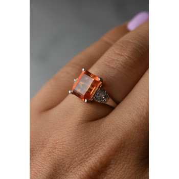 Sky Jewelry Серебряное кольцо 925 проба с оранжевым камнем Гессонит  и бесцветным кварцем
