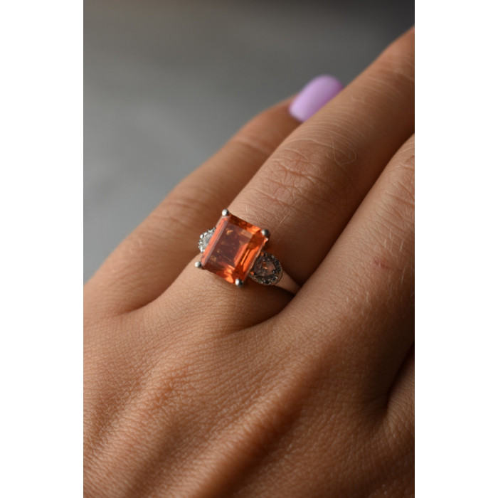 Sky Jewelry Серебряное кольцо 925 проба с оранжевым камнем Гессонит  и бесцветным кварцем