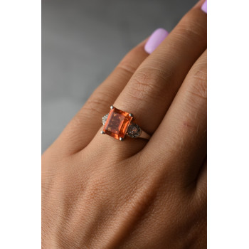 Sky Jewelry Серебряное кольцо 925 проба с оранжевым камнем Гессонит  и бесцветным кварцем
