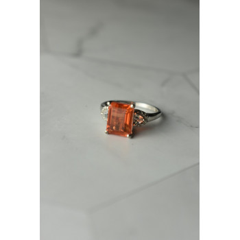 Sky Jewelry Серебряное кольцо 925 проба с оранжевым камнем Гессонит  и бесцветным кварцем
