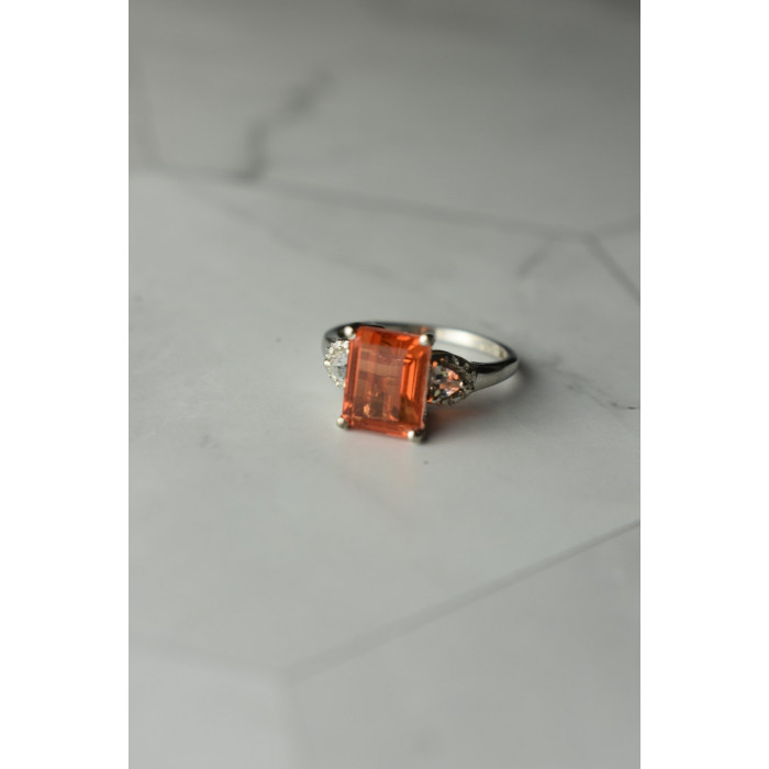 Sky Jewelry Серебряное кольцо 925 проба с оранжевым камнем Гессонит  и бесцветным кварцем