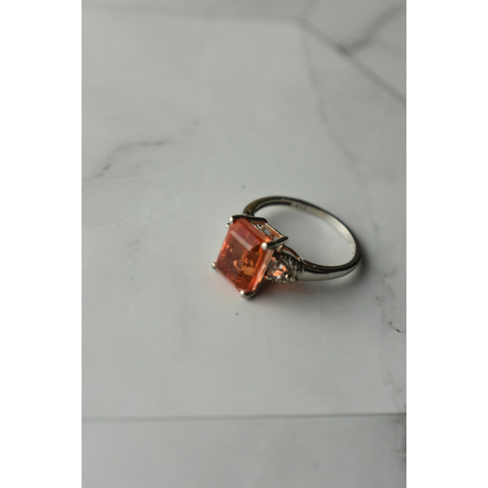 Sky Jewelry Серебряное кольцо 925 проба с оранжевым камнем Гессонит  и бесцветным кварцем