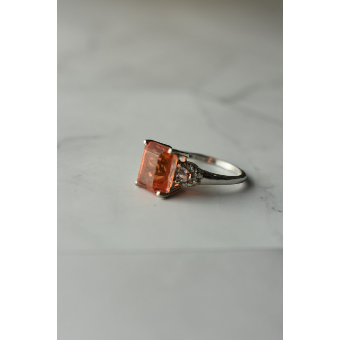 Sky Jewelry Серебряное кольцо 925 проба с оранжевым камнем Гессонит  и бесцветным кварцем