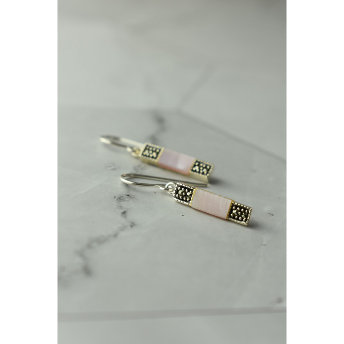 Sky Jewelry Серебряные серьги с розовым  Перламутром и камнями Морион 925 пробы