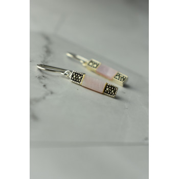 Sky Jewelry Серебряные серьги с розовым  Перламутром и камнями Морион 925 пробы