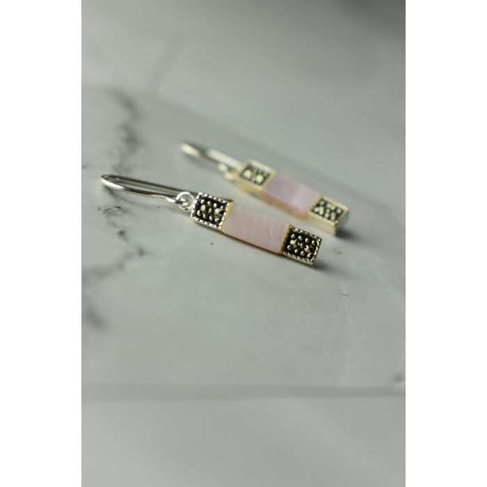 Sky Jewelry Серебряные серьги с розовым  Перламутром и камнями Морион 925 пробы