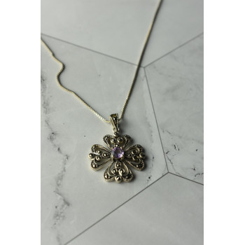 Sky Jewelry Серебряная цепочка с кулоном  фиолетовый Турмалин и черный Нефрит