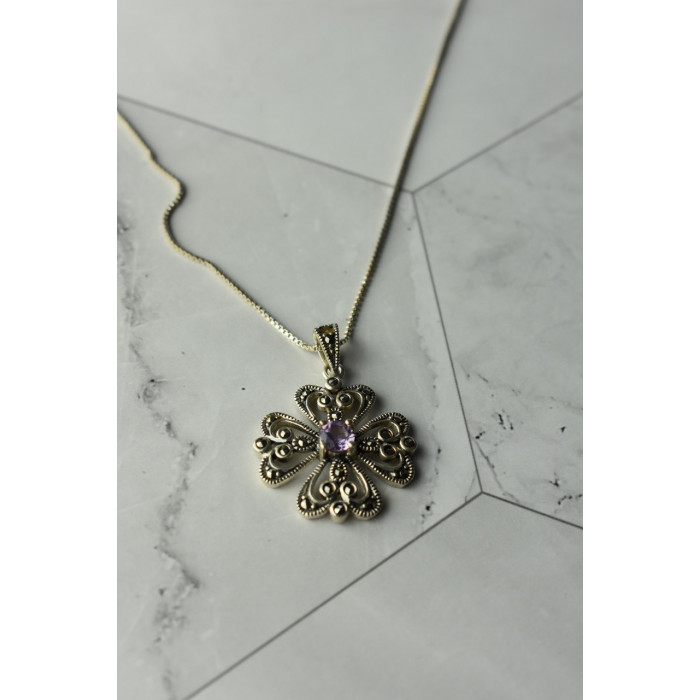 Sky Jewelry Серебряная цепочка с кулоном  фиолетовый Турмалин и черный Нефрит