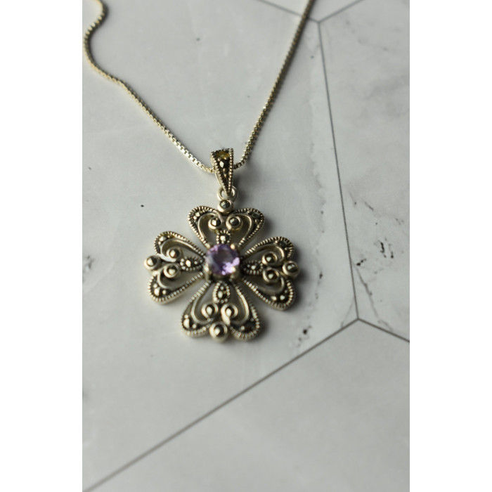 Sky Jewelry Серебряная цепочка с кулоном  фиолетовый Турмалин и черный Нефрит