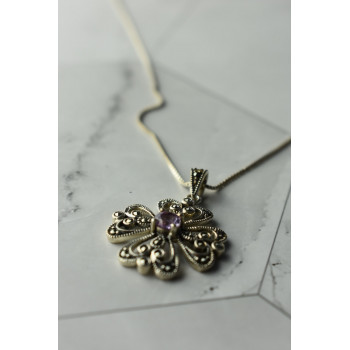 Sky Jewelry Серебряная цепочка с кулоном  фиолетовый Турмалин и черный Нефрит