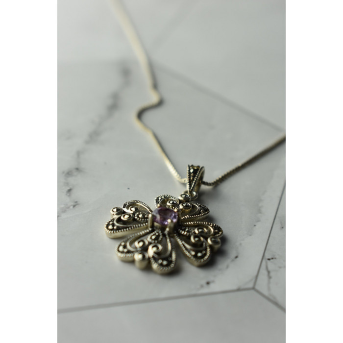 Sky Jewelry Серебряная цепочка с кулоном  фиолетовый Турмалин и черный Нефрит