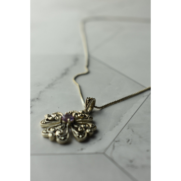 Sky Jewelry Серебряная цепочка с кулоном  фиолетовый Турмалин и черный Нефрит