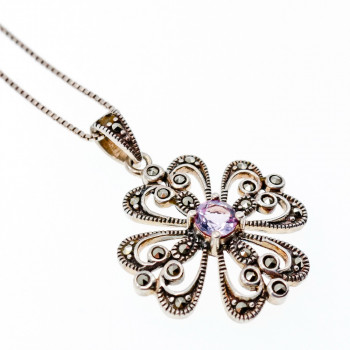 Sky Jewelry Серебряная цепочка с кулоном  фиолетовый Турмалин и черный Нефрит