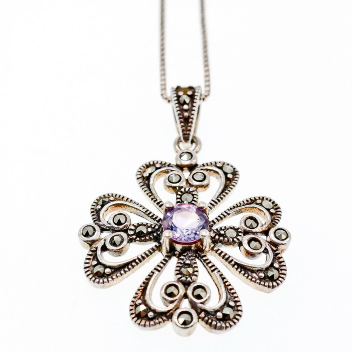 Sky Jewelry Серебряная цепочка с кулоном  фиолетовый Турмалин и черный Нефрит