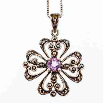 Sky Jewelry Серебряная цепочка с кулоном  фиолетовый Турмалин и черный Нефрит