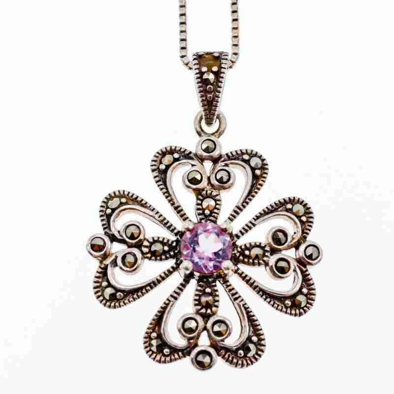 Sky Jewelry Серебряная цепочка с кулоном  фиолетовый Турмалин и черный Нефрит