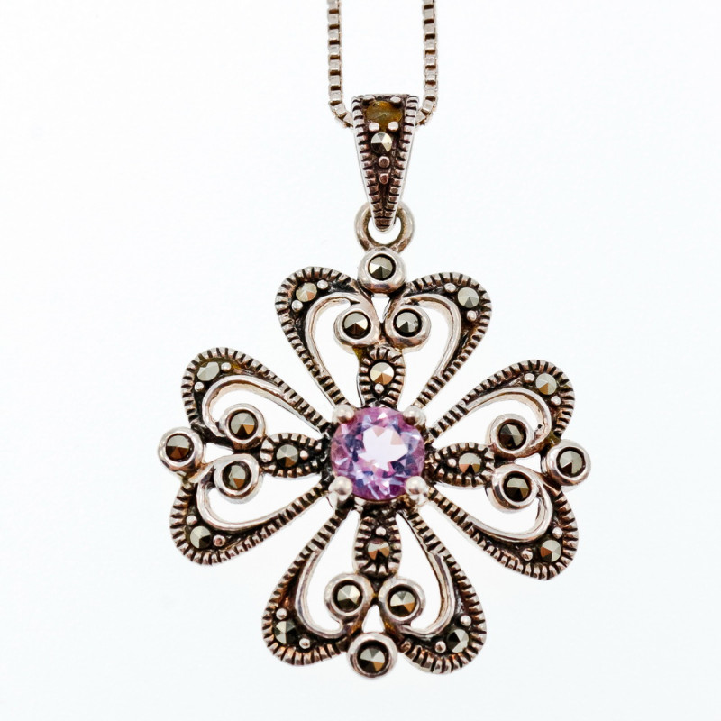 Sky Jewelry Серебряная цепочка с кулоном  фиолетовый Турмалин и черный Нефрит