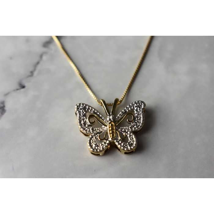 Sky Jewelry Серебряная цепочка с кулоном Бабочка с Бриллиантом в позолоте Italy