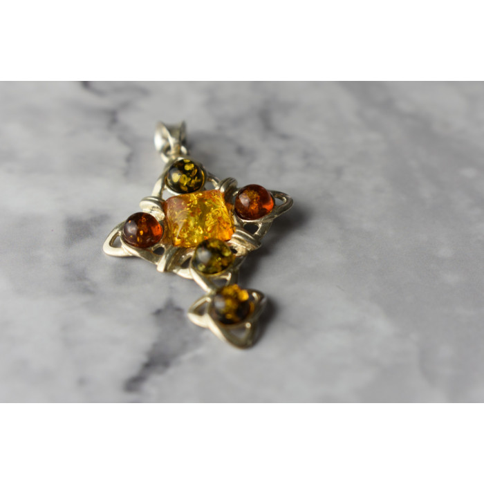 Sky Jewelry Серебряный кулон 925 проба с разноцветным Янтарем