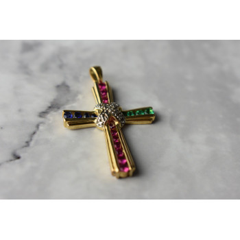 Sky Jewelry Серебряный крестик в позолоте с камнями Изумруд , Розовый Топаз и Синий Топаз