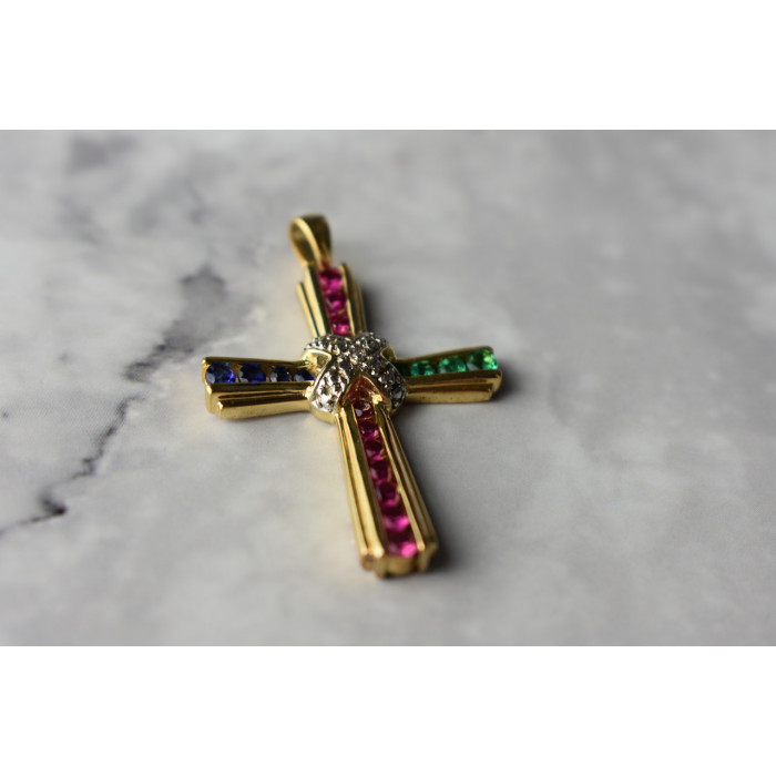 Sky Jewelry Серебряный крестик в позолоте с камнями Изумруд , Розовый Топаз и Синий Топаз