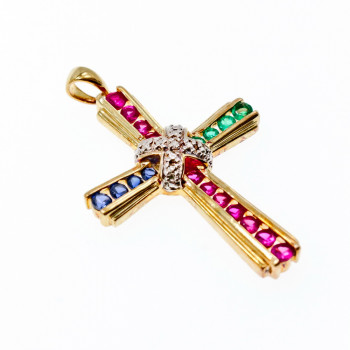 Sky Jewelry Серебряный крестик в позолоте с камнями Изумруд , Розовый Топаз и Синий Топаз