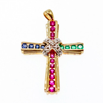 Sky Jewelry Серебряный крестик в позолоте с камнями Изумруд , Розовый Топаз и Синий Топаз