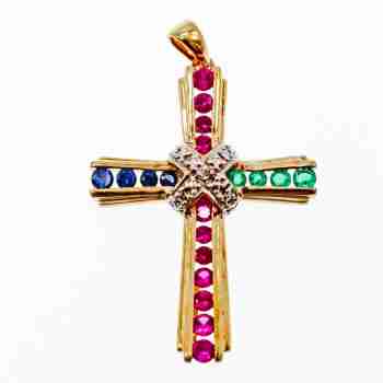 Sky Jewelry Серебряный крестик в позолоте с камнями Изумруд , Розовый Топаз и Синий Топаз