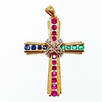 Sky Jewelry Серебряный крестик в позолоте с камнями Изумруд , Розовый Топаз и Синий Топаз