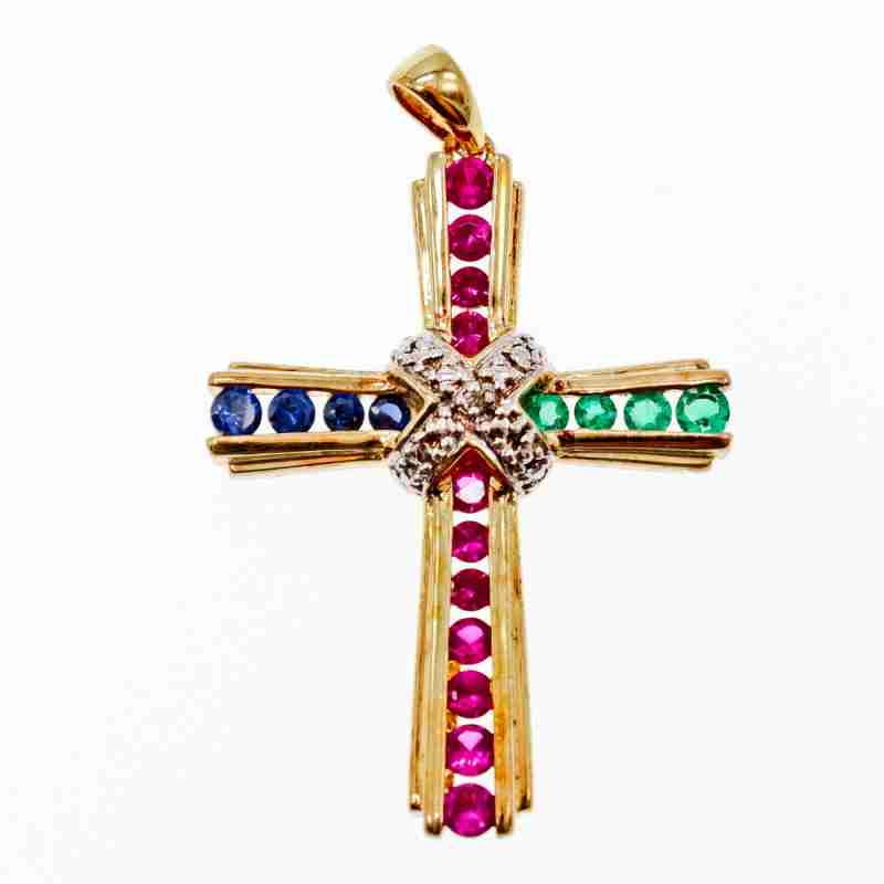 Sky Jewelry Серебряный крестик в позолоте с камнями Изумруд , Розовый Топаз и Синий Топаз