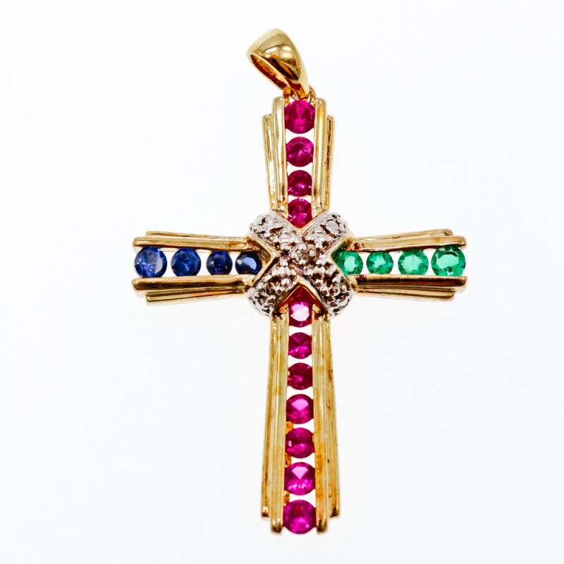 Sky Jewelry Серебряный крестик в позолоте с камнями Изумруд , Розовый Топаз и Синий Топаз