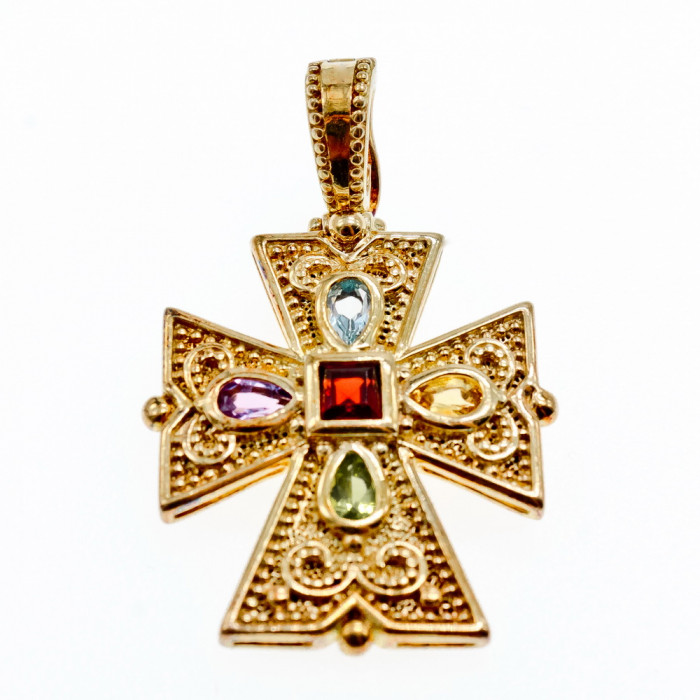 Sky Jewelry Серебряный крестик в позолоте с натуральными  камнями  925 проба