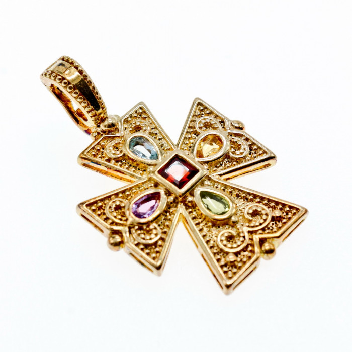 Sky Jewelry Серебряный крестик в позолоте с натуральными  камнями  925 проба