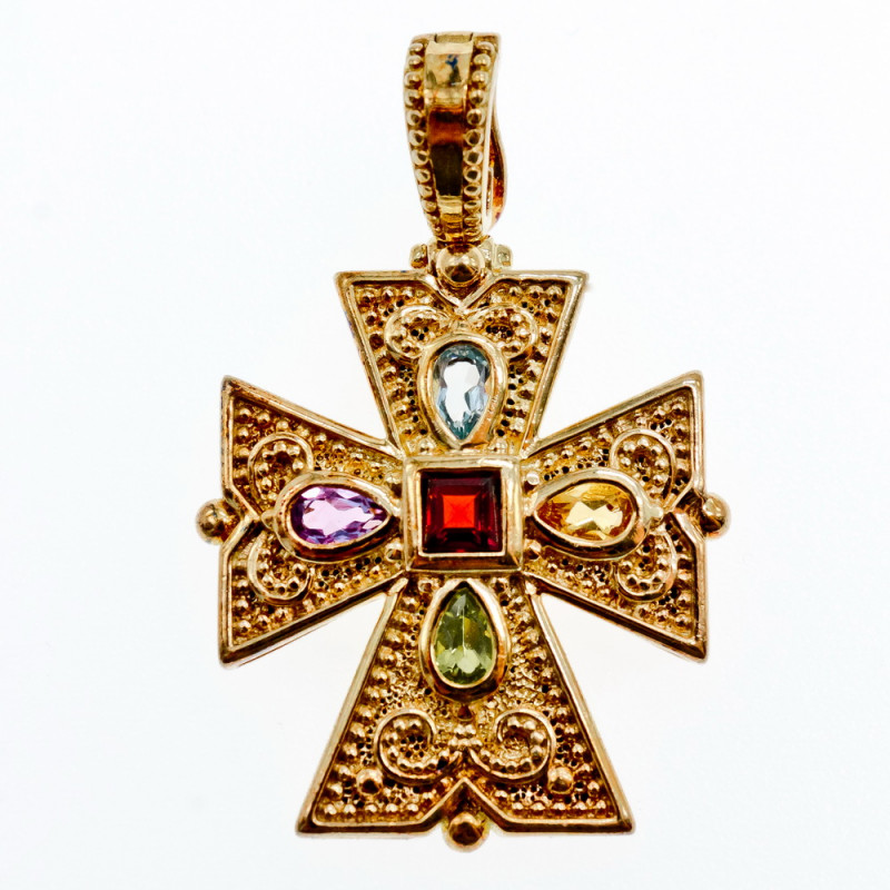 Sky Jewelry Серебряный крестик в позолоте с натуральными  камнями  925 проба