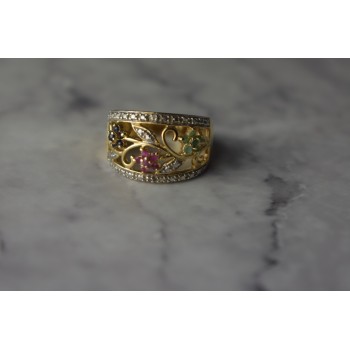 Sky Jewelry Серебряное кольцо в позолоте 925 проба с Сапфирами , Розовой Шпинелью и Изумрудами