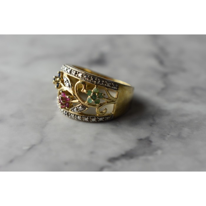 Sky Jewelry Серебряное кольцо в позолоте 925 проба с Сапфирами , Розовой Шпинелью и Изумрудами