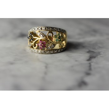 Sky Jewelry Серебряное кольцо в позолоте 925 проба с Сапфирами , Розовой Шпинелью и Изумрудами