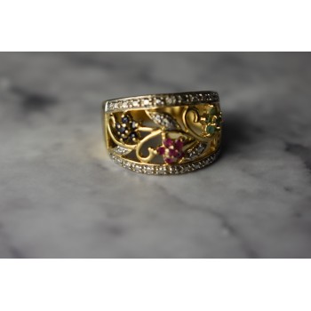 Sky Jewelry Серебряное кольцо в позолоте 925 проба с Сапфирами , Розовой Шпинелью и Изумрудами