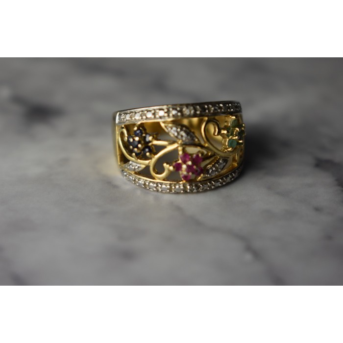 Sky Jewelry Серебряное кольцо в позолоте 925 проба с Сапфирами , Розовой Шпинелью и Изумрудами