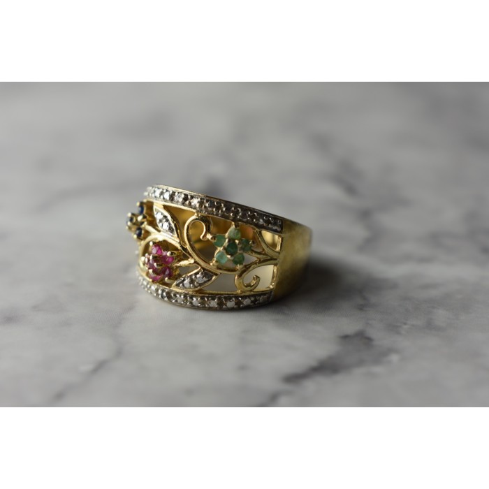 Sky Jewelry Серебряное кольцо в позолоте 925 проба с Сапфирами , Розовой Шпинелью и Изумрудами