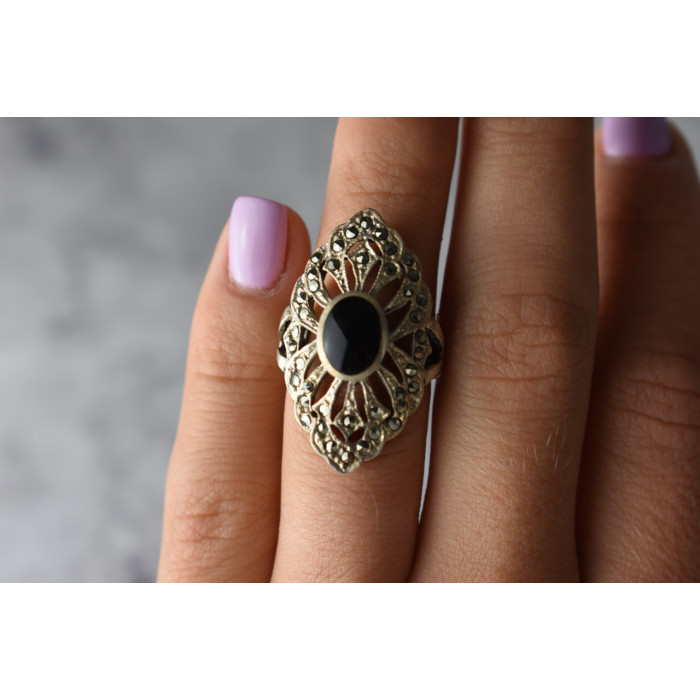 Sky Jewelry Серебряное кольцо с Турмалином и Марказитом 925 проба