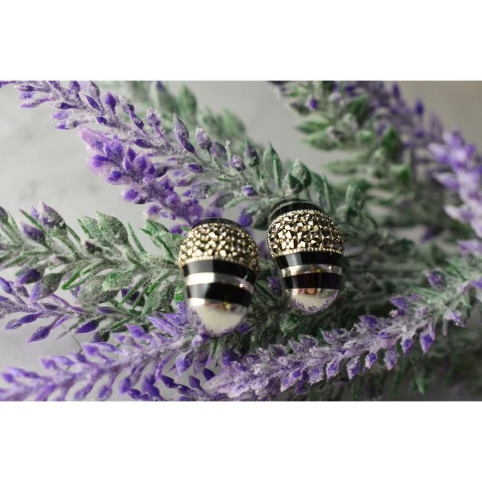 Sky Jewelry Серебряные серьги-гвоздики  с черным нефритом и марказитом  925 проба