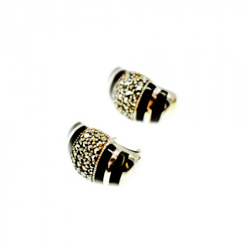 Sky Jewelry Серебряные серьги-гвоздики  с черным нефритом и марказитом  925 проба