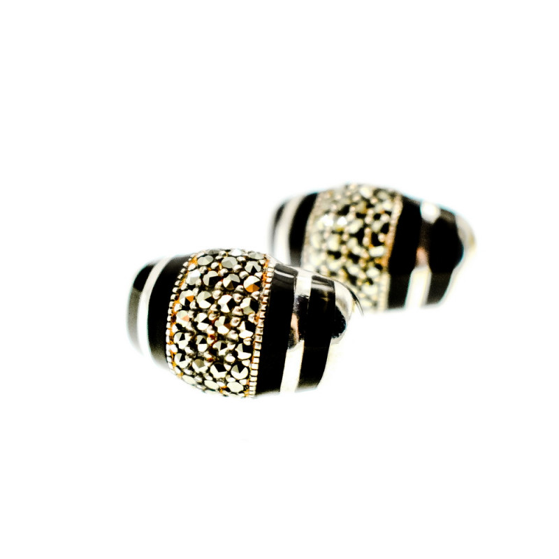 Sky Jewelry Серебряные серьги-гвоздики  с черным нефритом и марказитом  925 проба