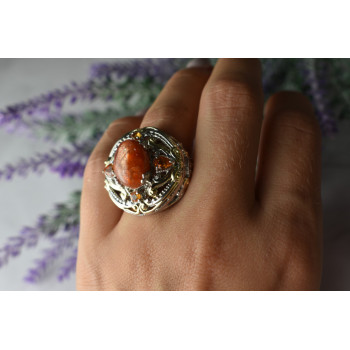Sky Jewelry Элегантное Серебряное кольцо  с Янтарем и камнями Спессартин