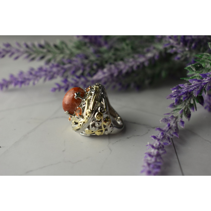 Sky Jewelry Элегантное Серебряное кольцо  с Янтарем и камнями Спессартин