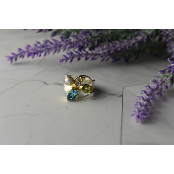 Sky Jewelry Серебряное кольцо с Жемчугом, Голубой Шпинелью и Перидотом