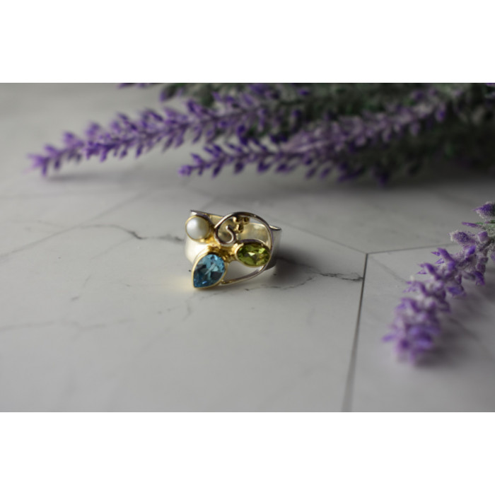 Sky Jewelry Серебряное кольцо с Жемчугом, Голубой Шпинелью и Перидотом