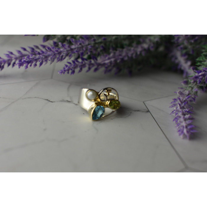 Sky Jewelry Серебряное кольцо с Жемчугом, Голубой Шпинелью и Перидотом