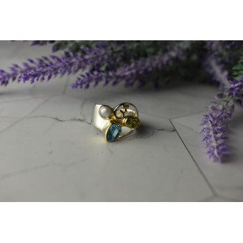 Sky Jewelry Серебряное кольцо с Жемчугом, Голубой Шпинелью и Перидотом